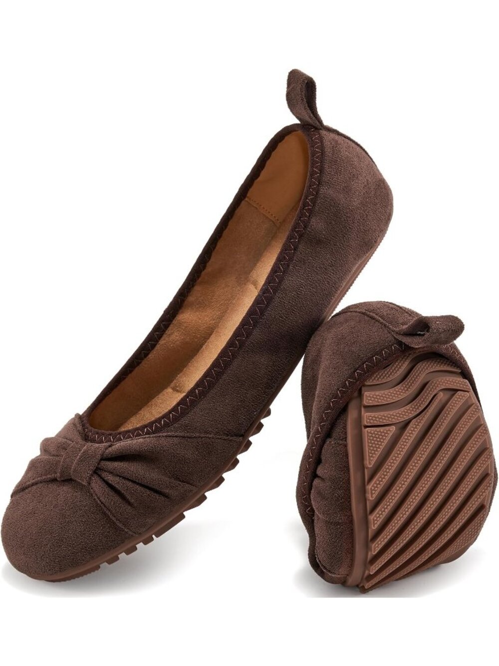 Women's Dark Brown Ballet Flats Cushioned Foldable Slip On Comfort Dressy Shoes